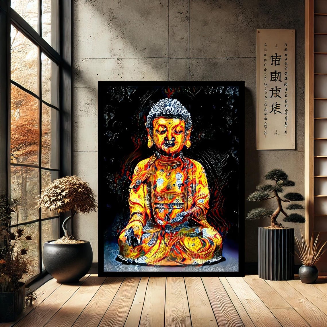 Fiery Buddha Meditation Colorful Flames Spiritual Art Poster
