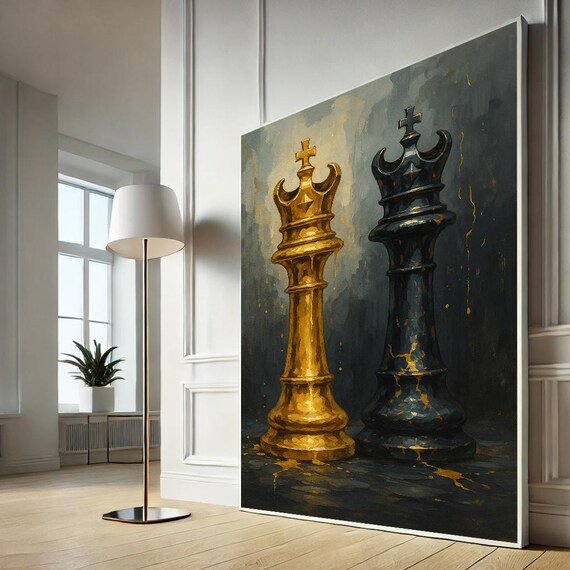 Gold Black Chess King Pieces Dramatic Oil Painting Strategy Art Poster
