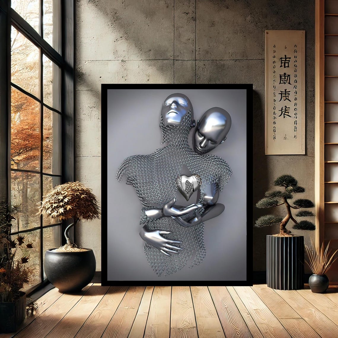 Metallic Couple Embrace With Silver Heart Sculpture Romantic Print