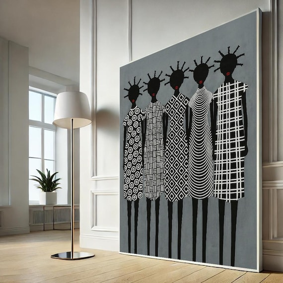 Five Elegant Stylized Women Patterned Dresses Modern Wall Art