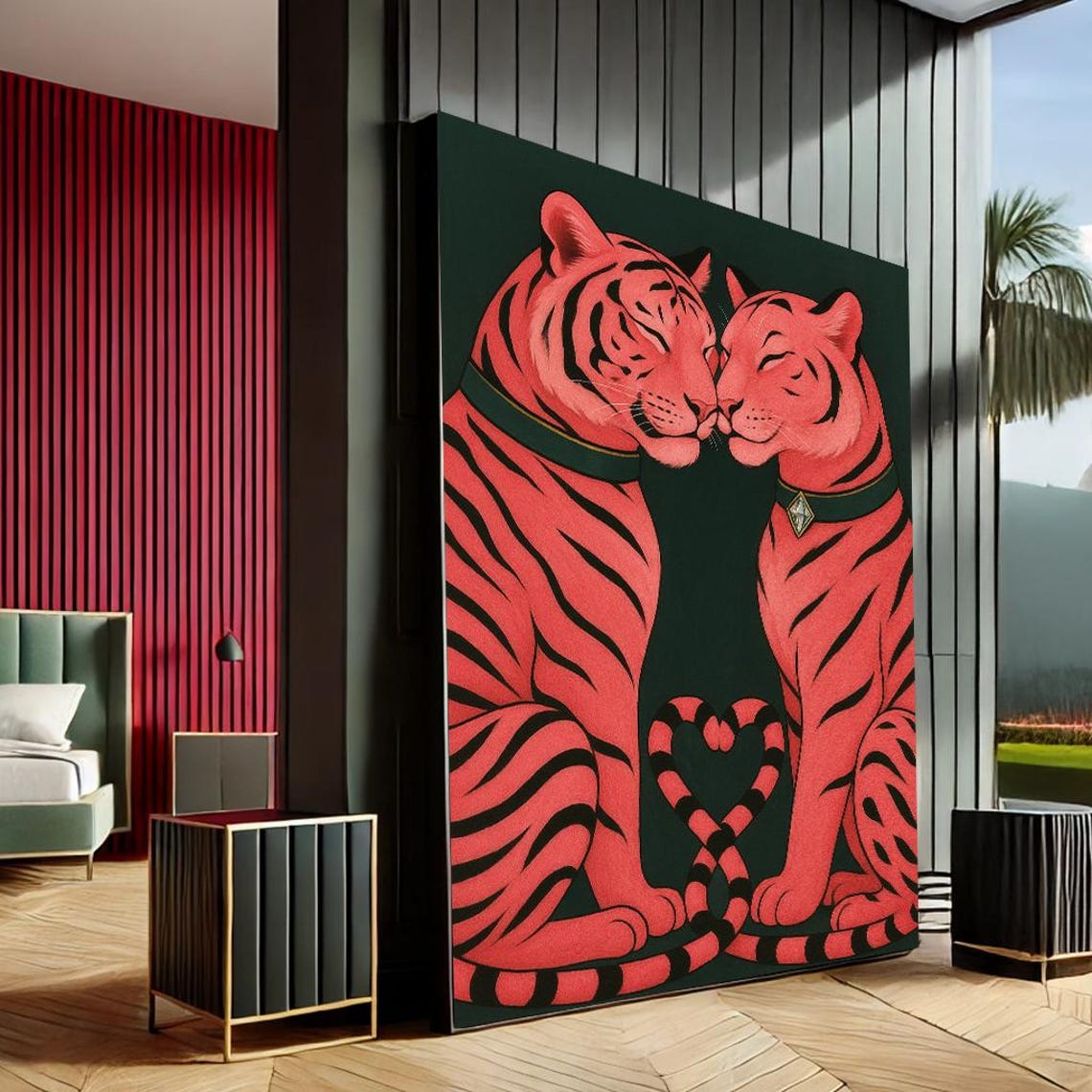 Red Tiger Couple Love Heart Tails Bold Modern Animal Canvas Art Poster