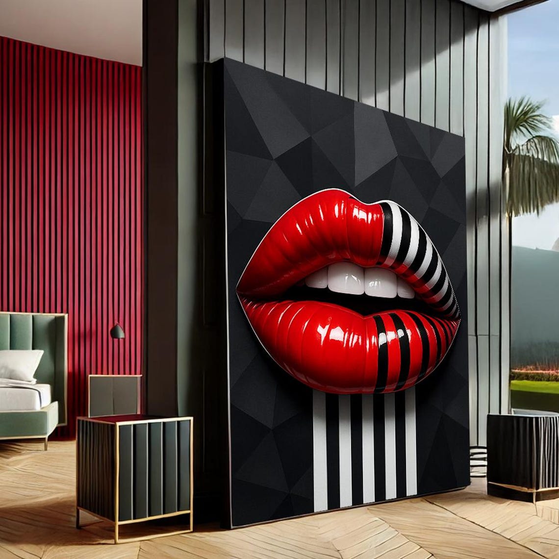 Bold Red Lips Pop Art Black White Stripe Statement Decor Poster