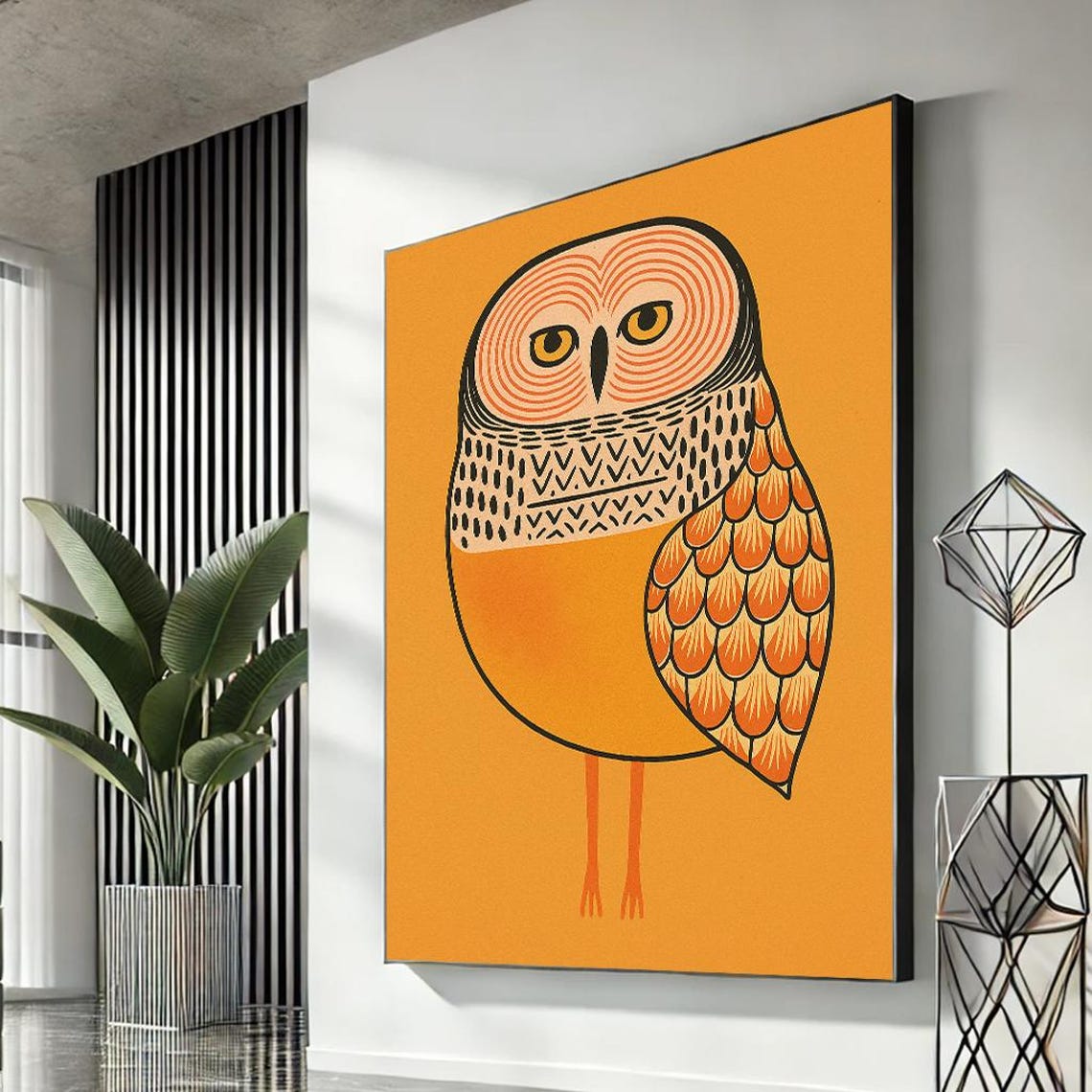 Bold Orange Owl Retro Modern Bird Illustration Canvas Wall Art