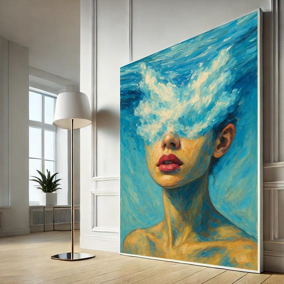 Surreal Woman In Clouds Canvas Art Dreamy Blue Portrait Painting For Living Room Whimsical Modern Home Decor Gift