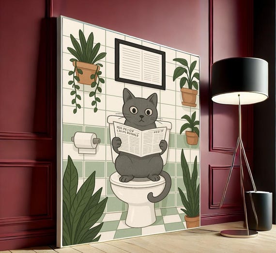 Funny Cat Bathroom Canvas Minimalist Animal Wall Art Quirky Toilet Humor Print Ready To Hang Home Decor