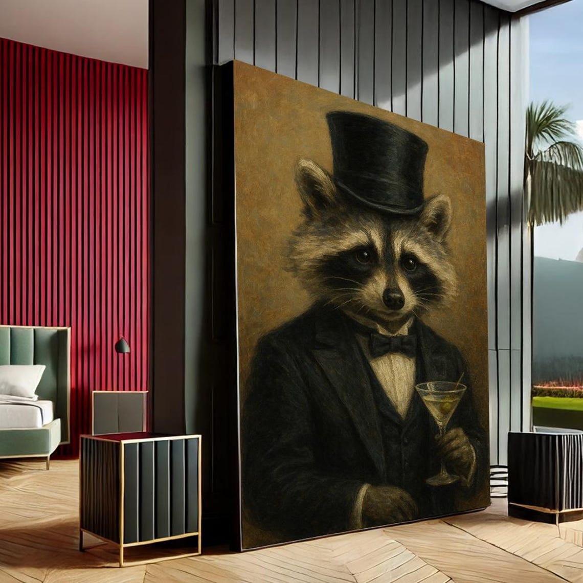Sophisticated Raccoon Tuxedo Top Hat Martini Whimsical Portrait Print