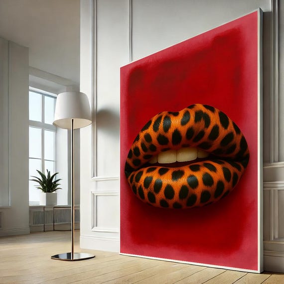 Leopard Print Lips Canvas Wall Art Bold Modern Fashion Statement For Living Room Decor Vibrant Red And Orange Artwork