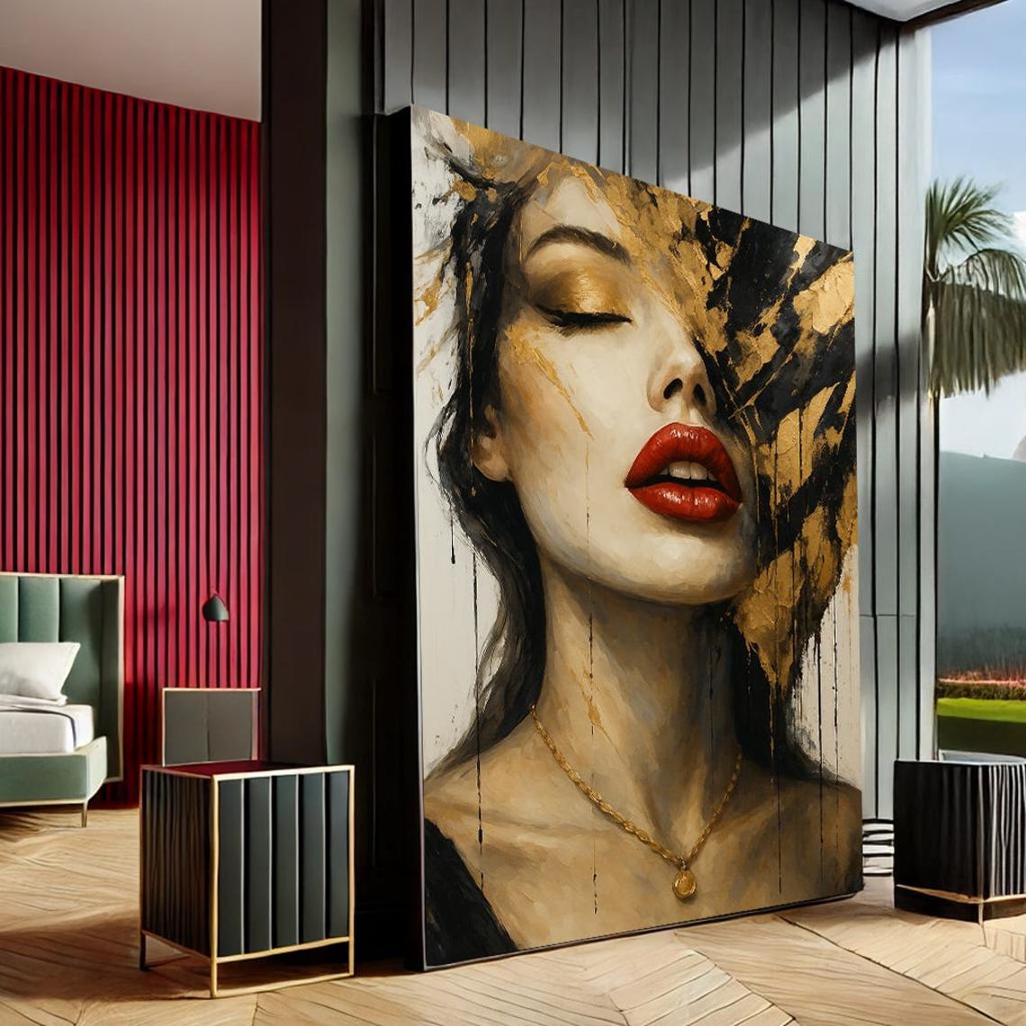 Glamorous Woman Red Lips Gold Beauty Portrait Abstract Art Print