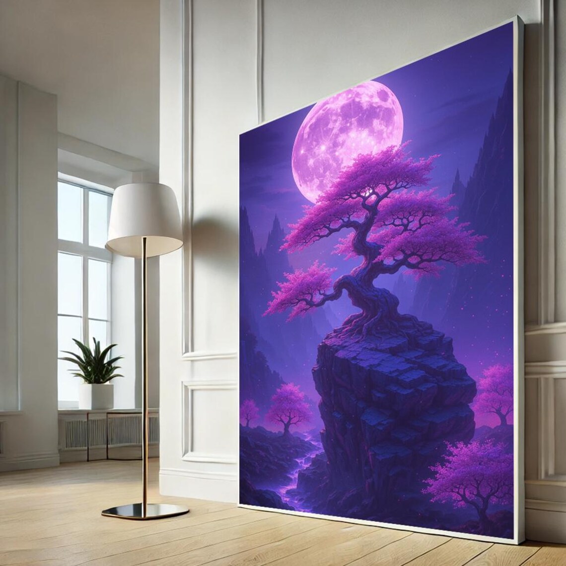 Mystical Purple Tree Under Giant Pink Moon Fantasy Night Sky Art Poster