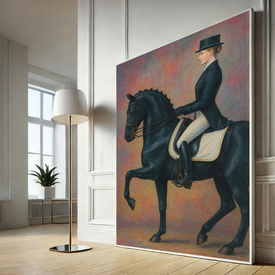 Elegant Equestrian Woman Riding Black Horse Dressage Art Poster