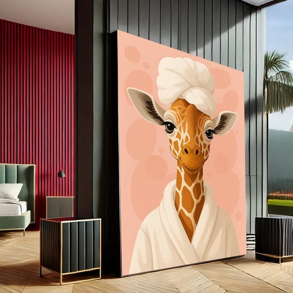 Charming Giraffe Minimalist Canvas Wall Art Print Pink Beige Bedroom Decor Ready To Hang