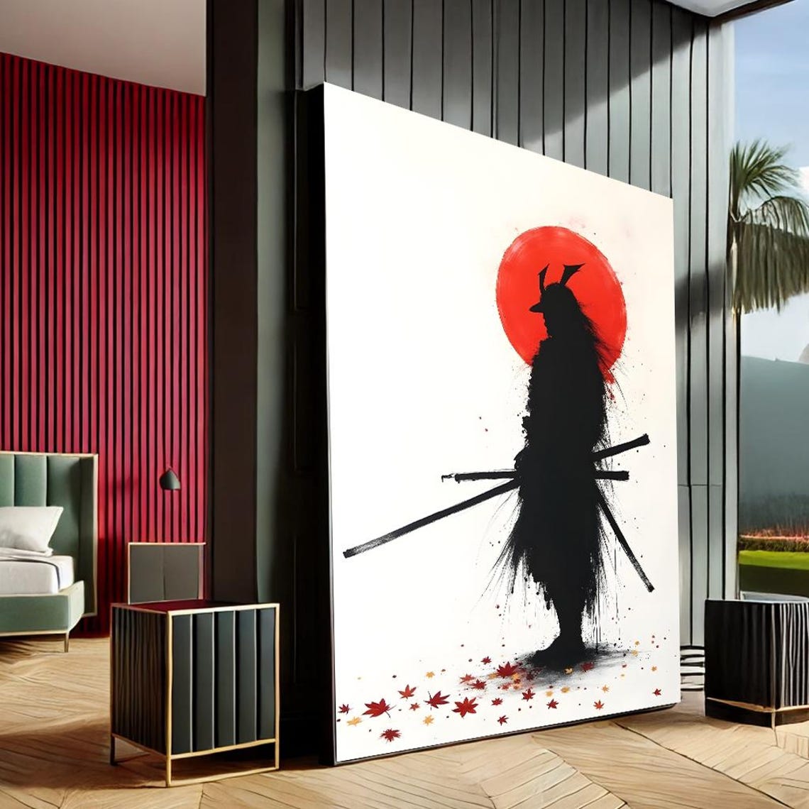 Lone Samurai Silhouette Poster With Red Sun And Falling Maple Leaves