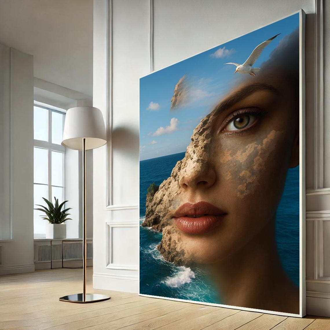 Surreal Woman Face Ocean Cliff Waves Dreamy Canvas Wall Art Decor