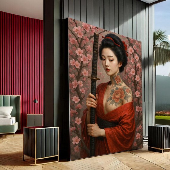 Elegant Geisha With Katana Cherry Blossoms Asian Inspired Canvas Wall Art