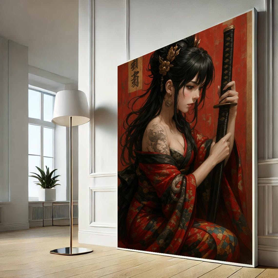 Female Samurai Red Kimono Katana Crimson Japanese Warrior Art Poster