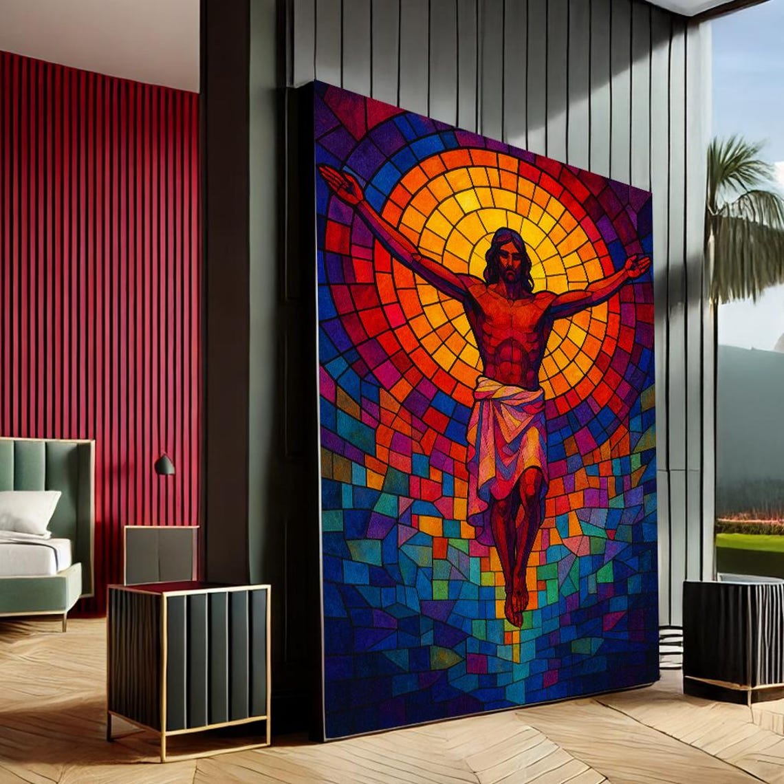 Jesus Christ Crucifixion Stained Glass Art Vibrant Mosaic Print