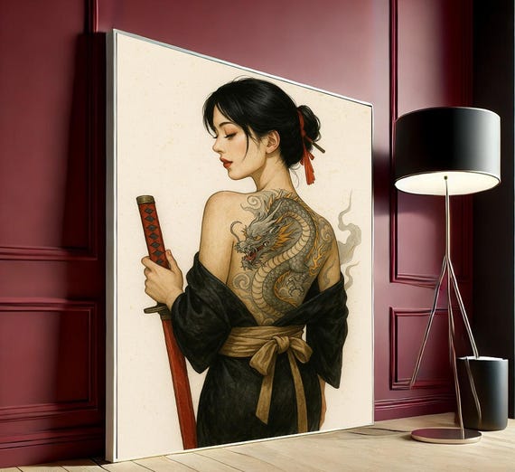 Geisha Worrior Japan Woman And Dragon Canvas Art Elegant Zen Decor For Living Room Asianinspired Wall Gift Serene Home Accent