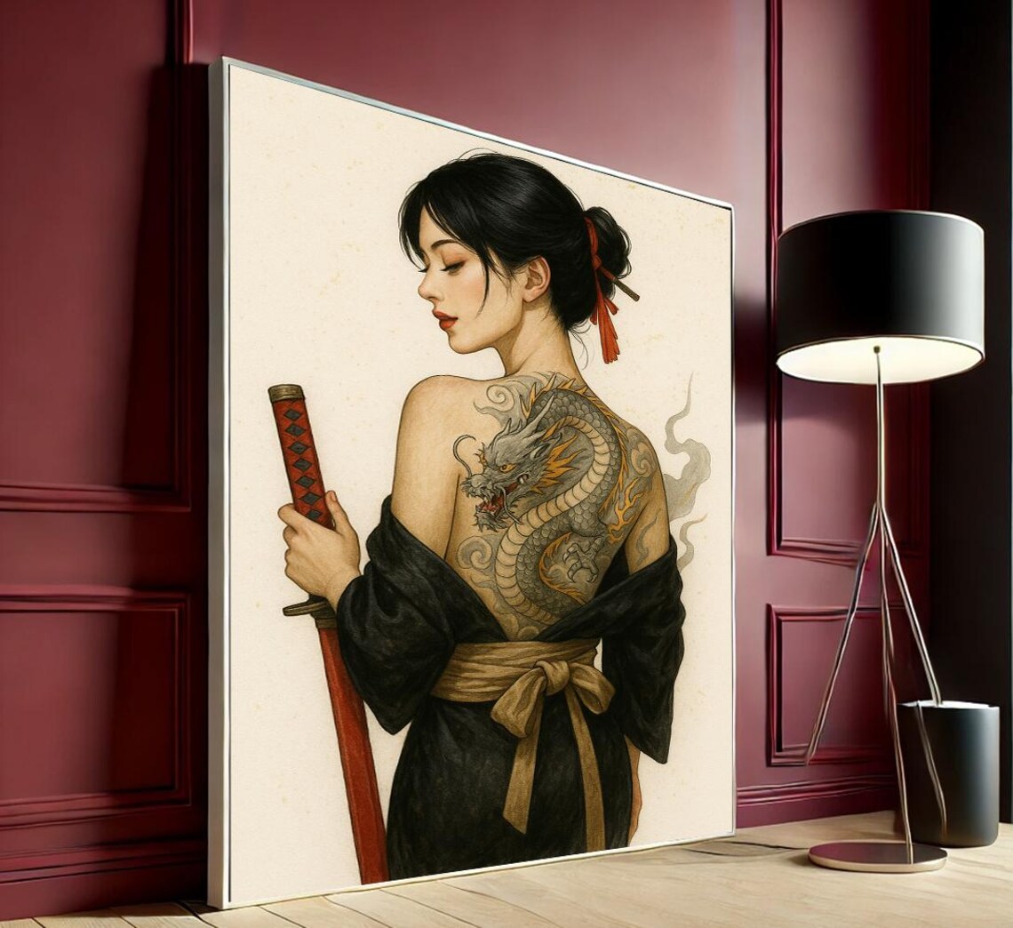 Bold Geisha Warrior Woman Dragon Back Tattoo Canvas Art Poster