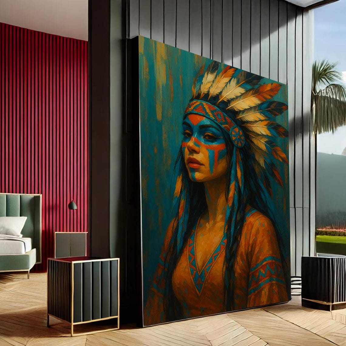 Native Woman Portrait Feather Headdress Turquoise Orange Boho Wall Art