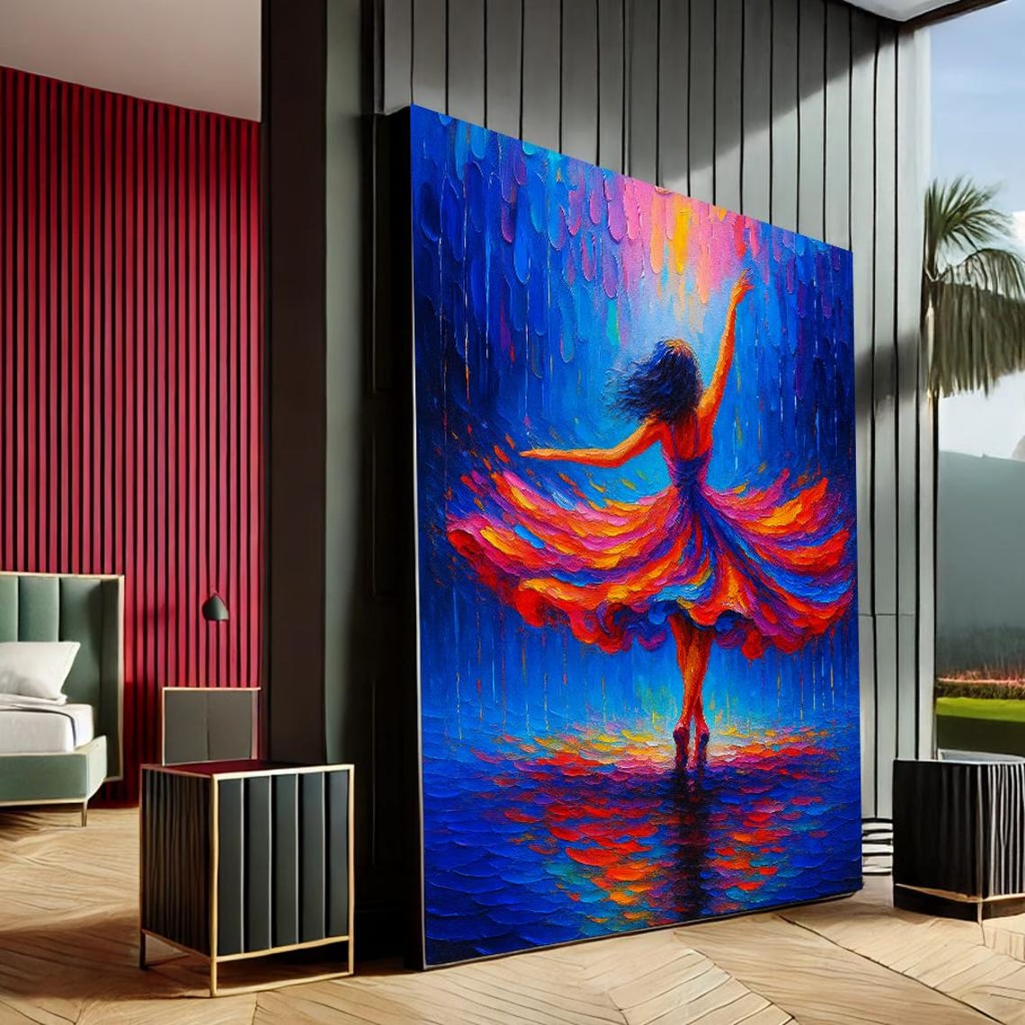 Dancer in Rain Flowing Dress Vibrant Blue Impressionist Dance Poster