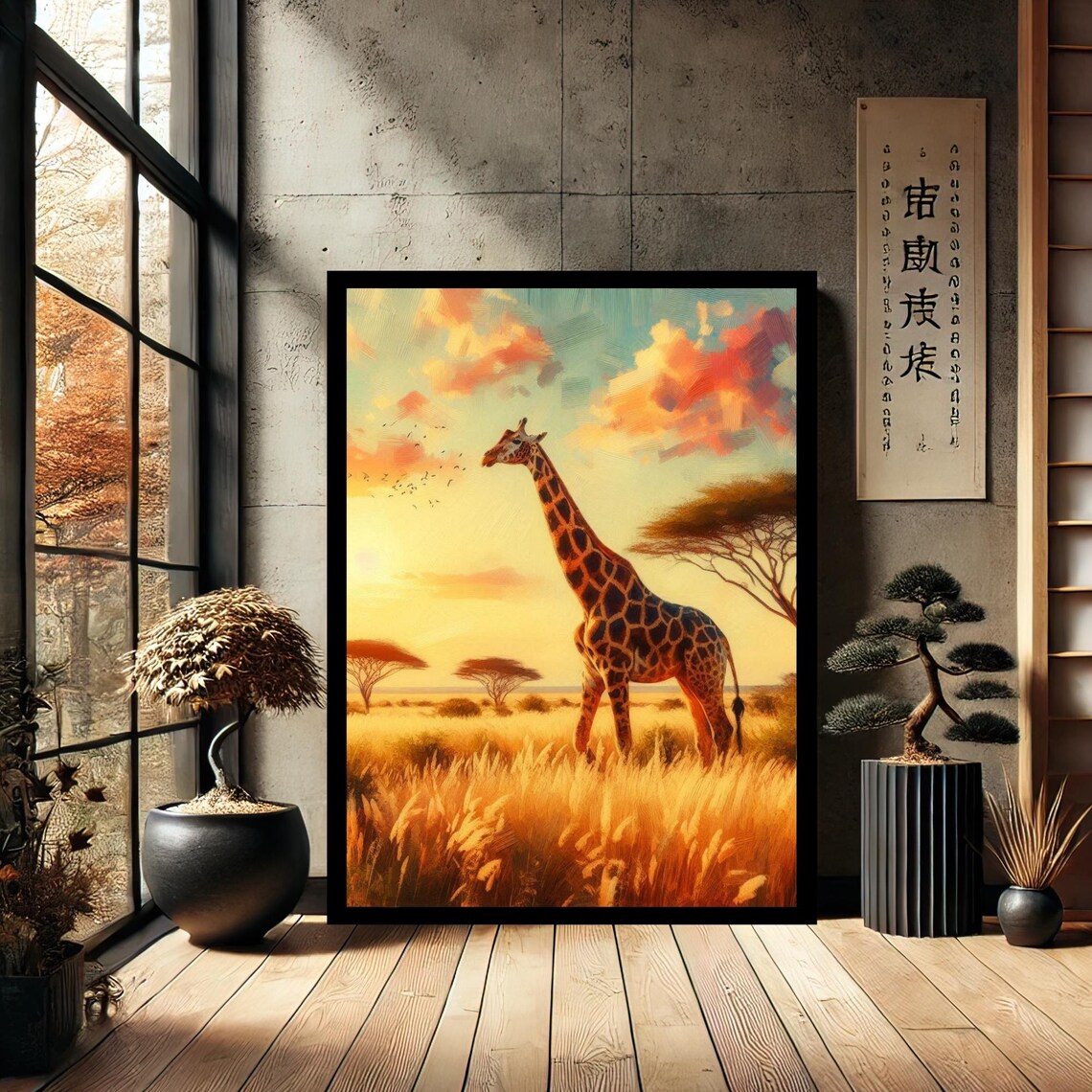 Giraffe Sunset African Savanna Golden Grassland Modern Wall Art