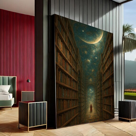 Mystical Library Night Sky Surreal Bookshelf Moonlight Poster