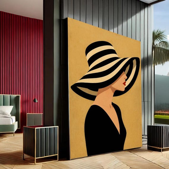 Elegant Woman In Striped Hat Modern Canvas Wall Art Print Black Gold Living Room Decor Statement Piece