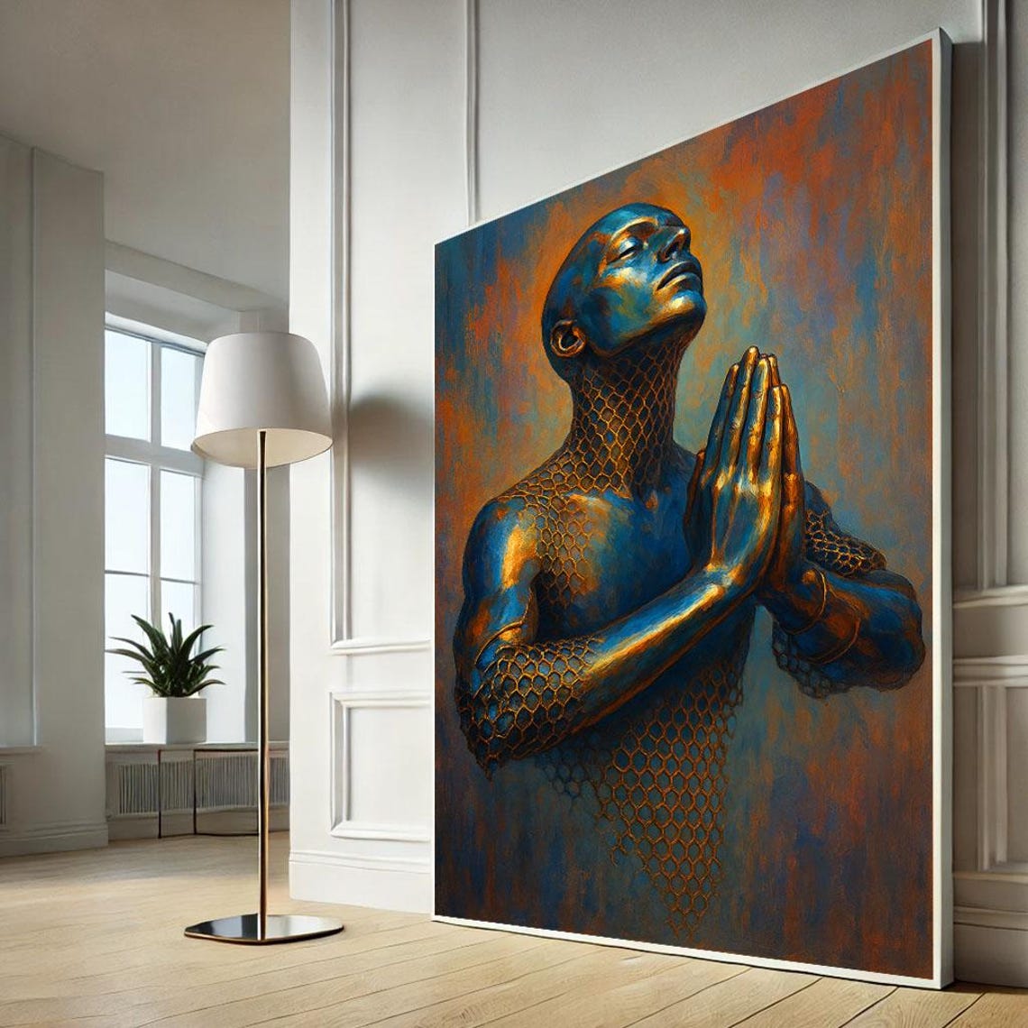 Modern Praying Figure Abstract Canvas Wall Art Print Blue And Orange Living Room Decor Statement Piece