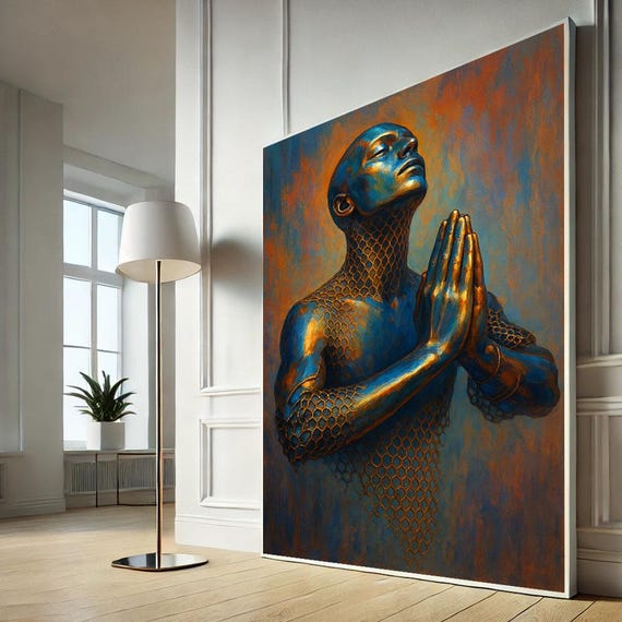 Modern Praying Figure Abstract Canvas Wall Art Print Blue And Orange Living Room Decor Statement Piece