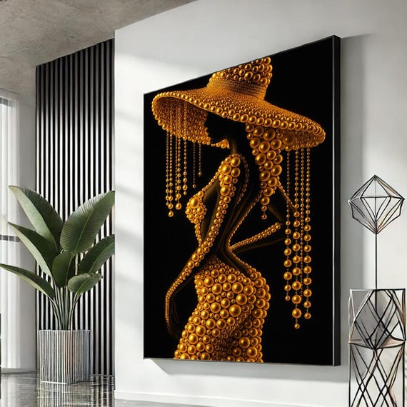 Bold Surreal Woman With Hat Canvas Art Golden Modern Fashion Wall Decor Stylish Bedroom Or Living Room Statement Piece