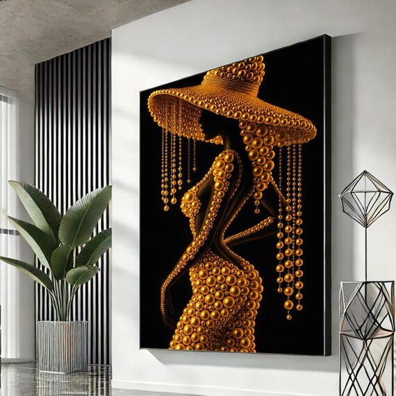 Golden Beaded Woman Surreal Elegant Black Gold Fashion Poster