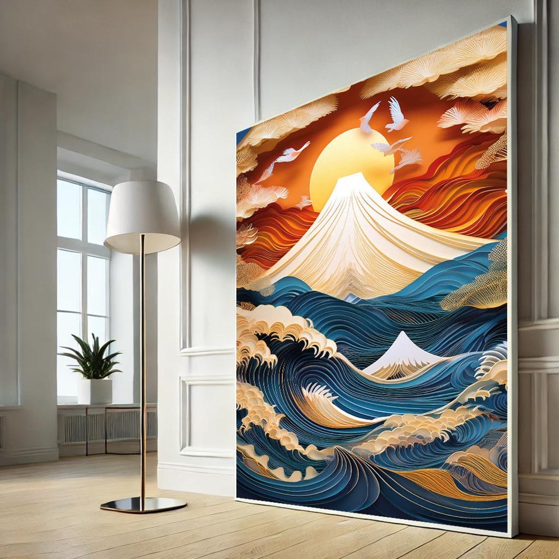 Quilled Great Wave Fuji Blossom Clouds Sunset Paper Art Poster