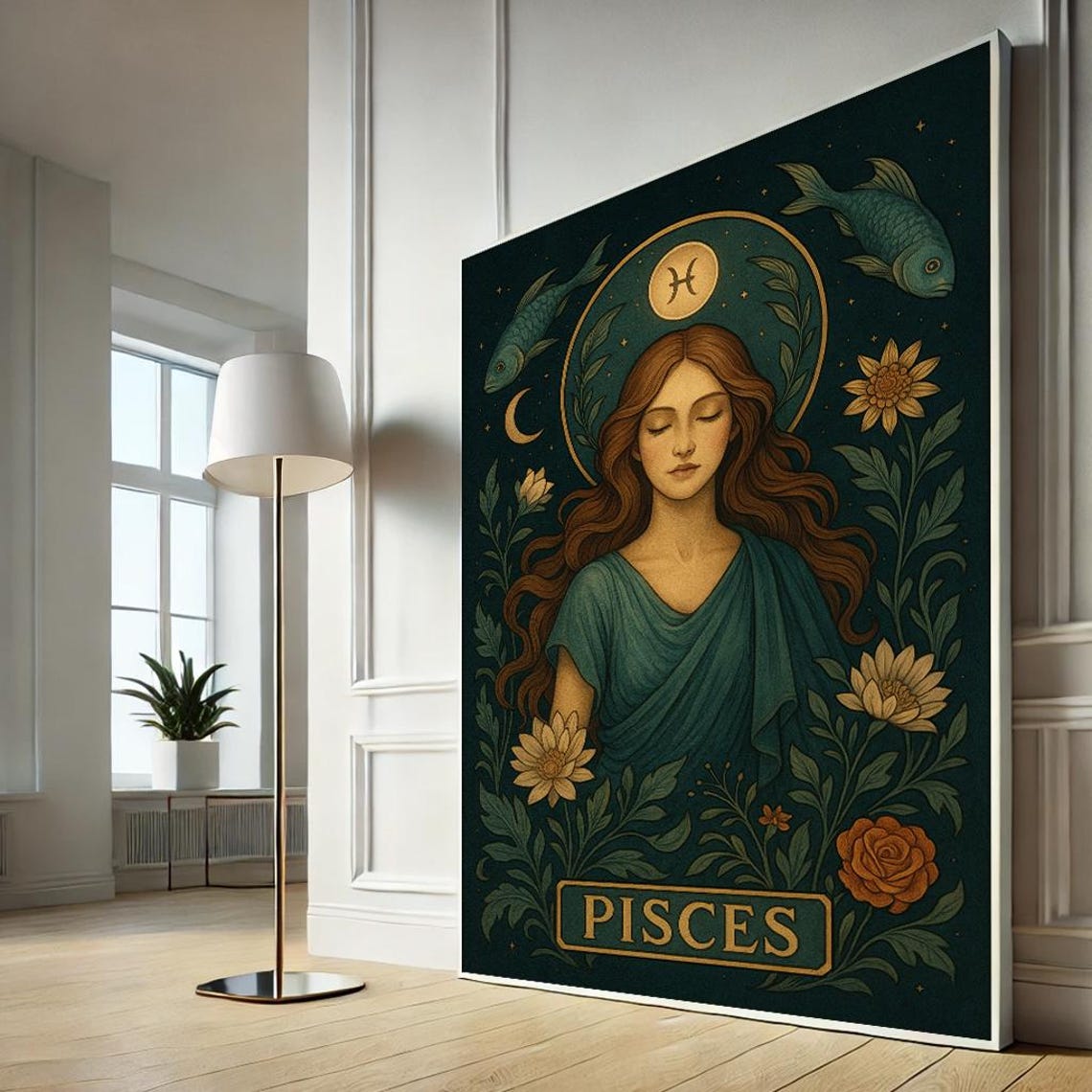 Pisces Zodiac Celestial Woman Fish Moon Vintage Astrology Poster