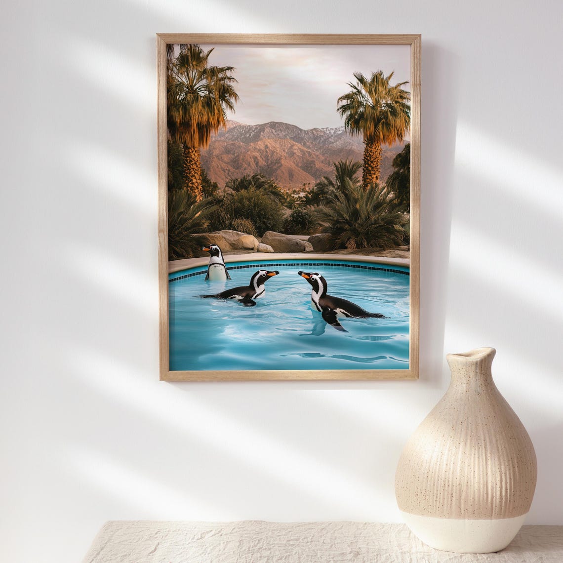 Three Penguins Swimming in a Sunset Palm Springs Pool Poster - Image 2