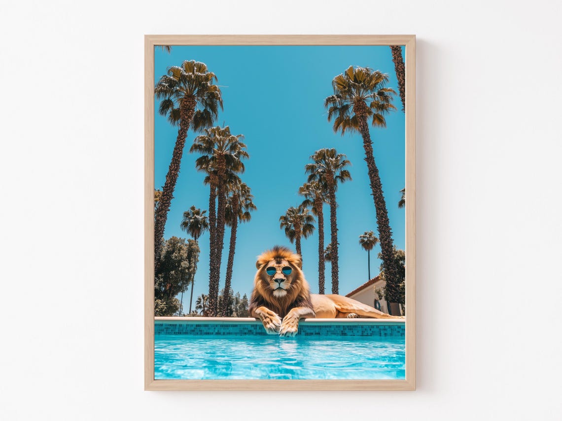 Lion in Sunglasses Lounging by a Palm Springs Pool Mid Century Poster