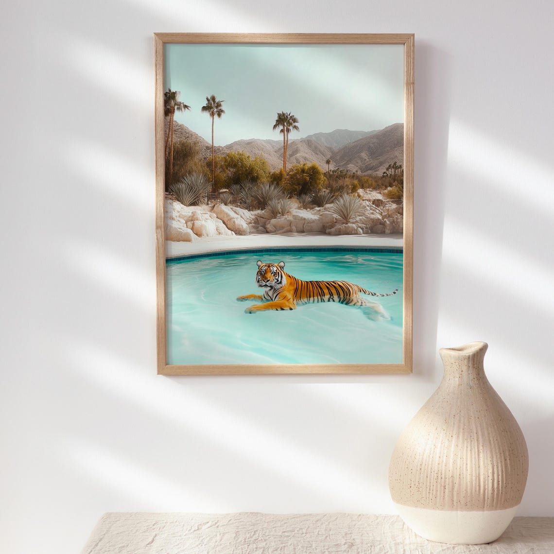Tiger Swimming in a Palm Springs Pool Beneath Desert Mountains Poster - Image 2