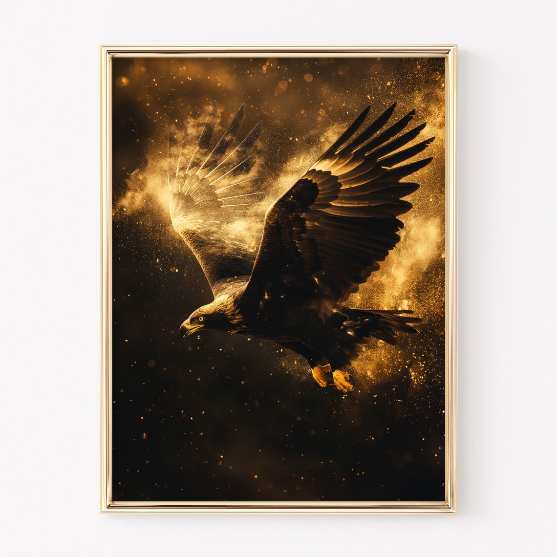 Golden Eagle Soaring Through Golden Dust Dramatic Dark Wall Art