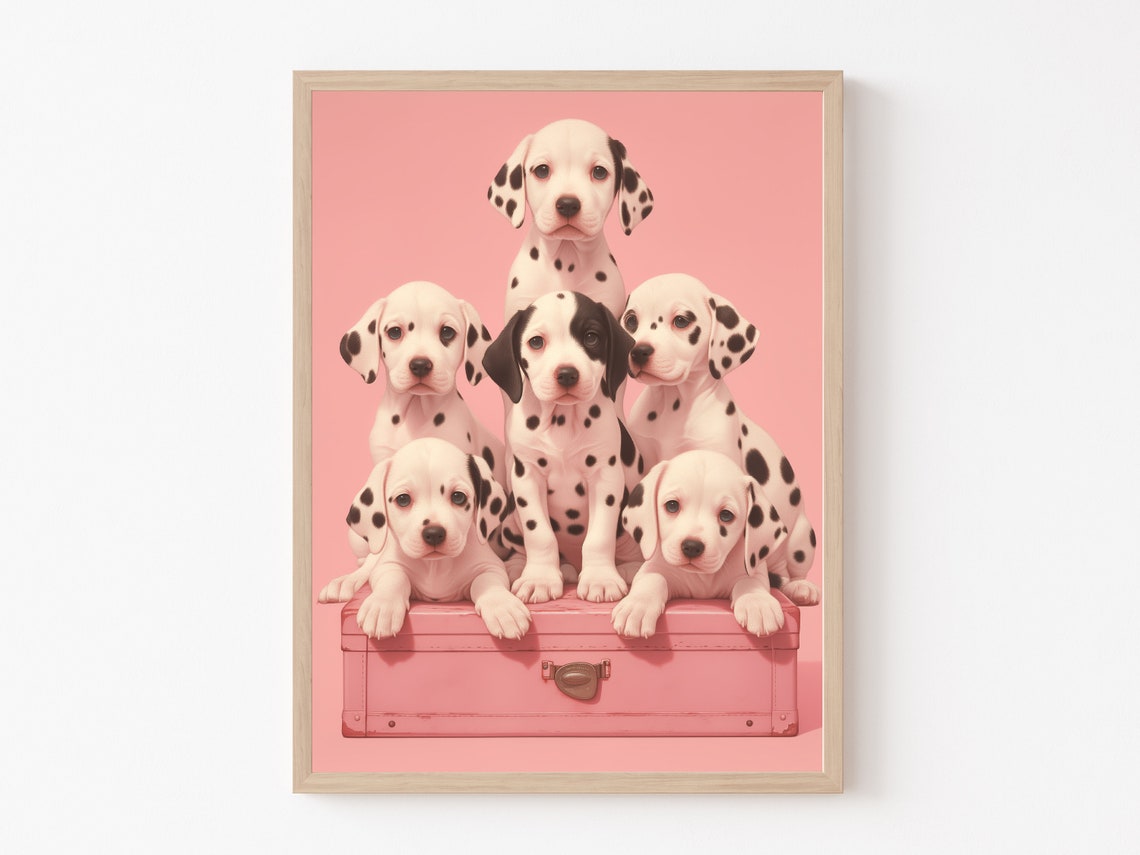 Adorable Dalmatian Puppies Stacked on a Pink Suitcase Poster