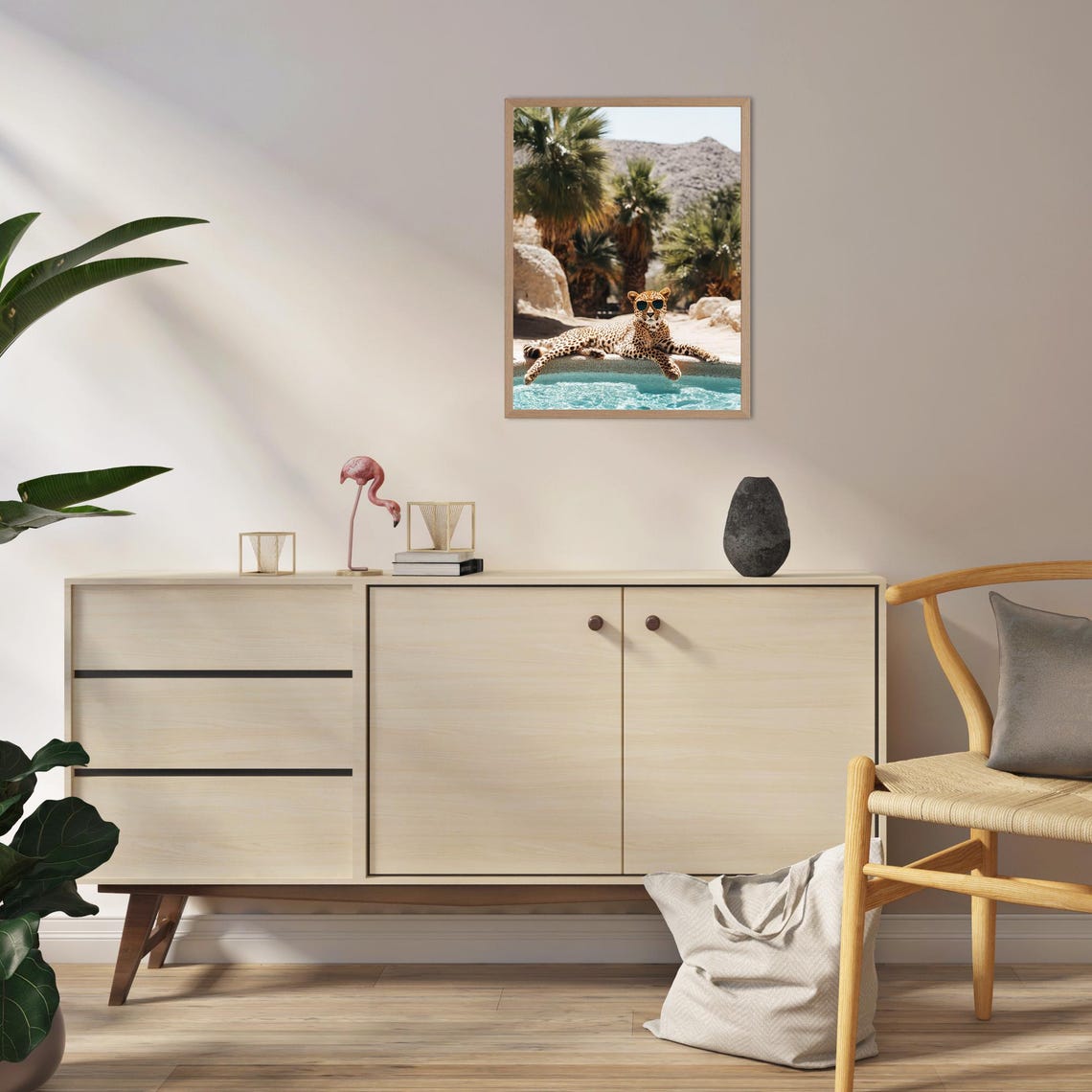 Cheetah Wearing Sunglasses Lounging at a Desert Oasis Pool Poster - Image 2