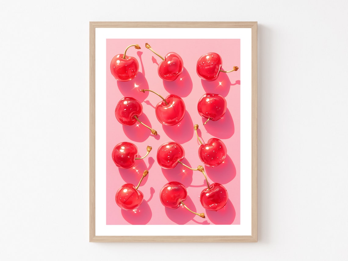 Sparkling Glossy Red Cherries Pattern on Candy Pink Kitchen Poster