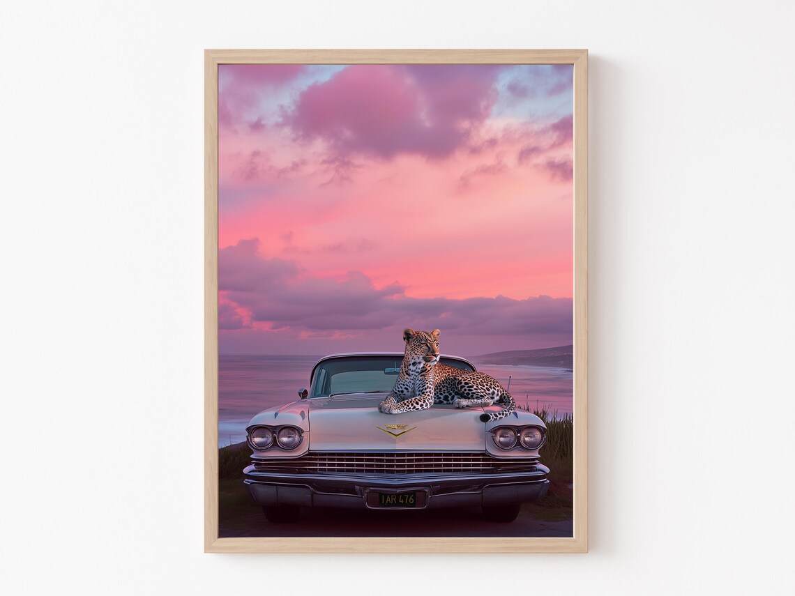 Cinematic Leopard on a Vintage Car Hood Under a Pink Sunset Poster