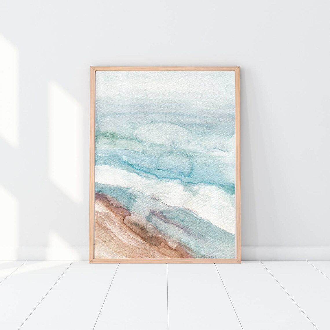 Abstract Beach Waves Watercolor Art Teal Ocean Shore Coastal Wall Art