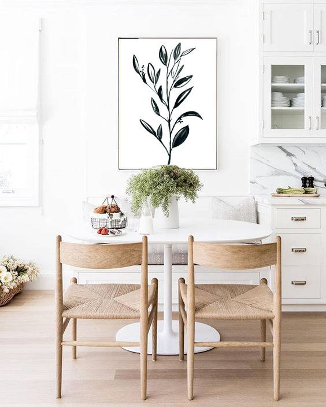 Black Minimalist Botanical Branch Ink Leaves Single Stem Art Poster - Image 2