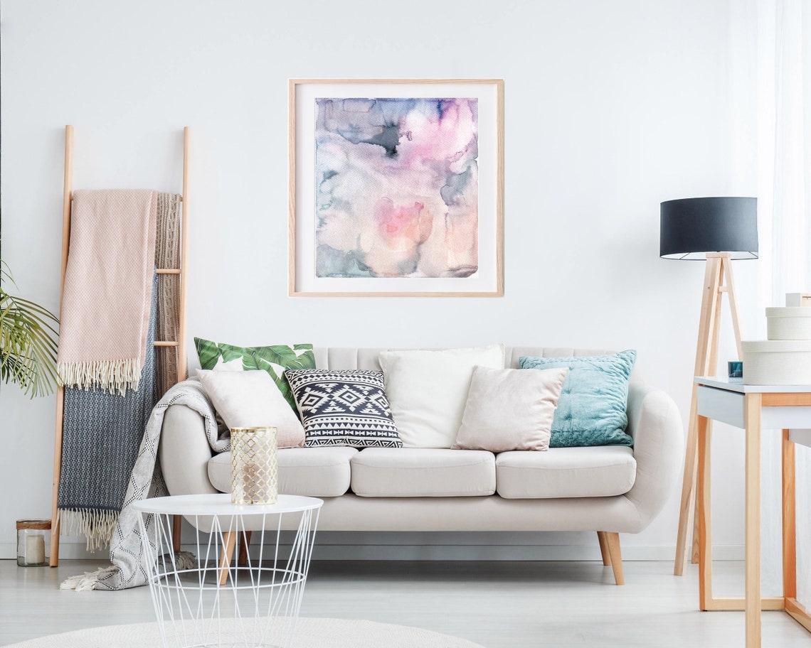 Muted Violet Abstract Watercolor Soft Dreamy Clouds Wall Art - Image 3