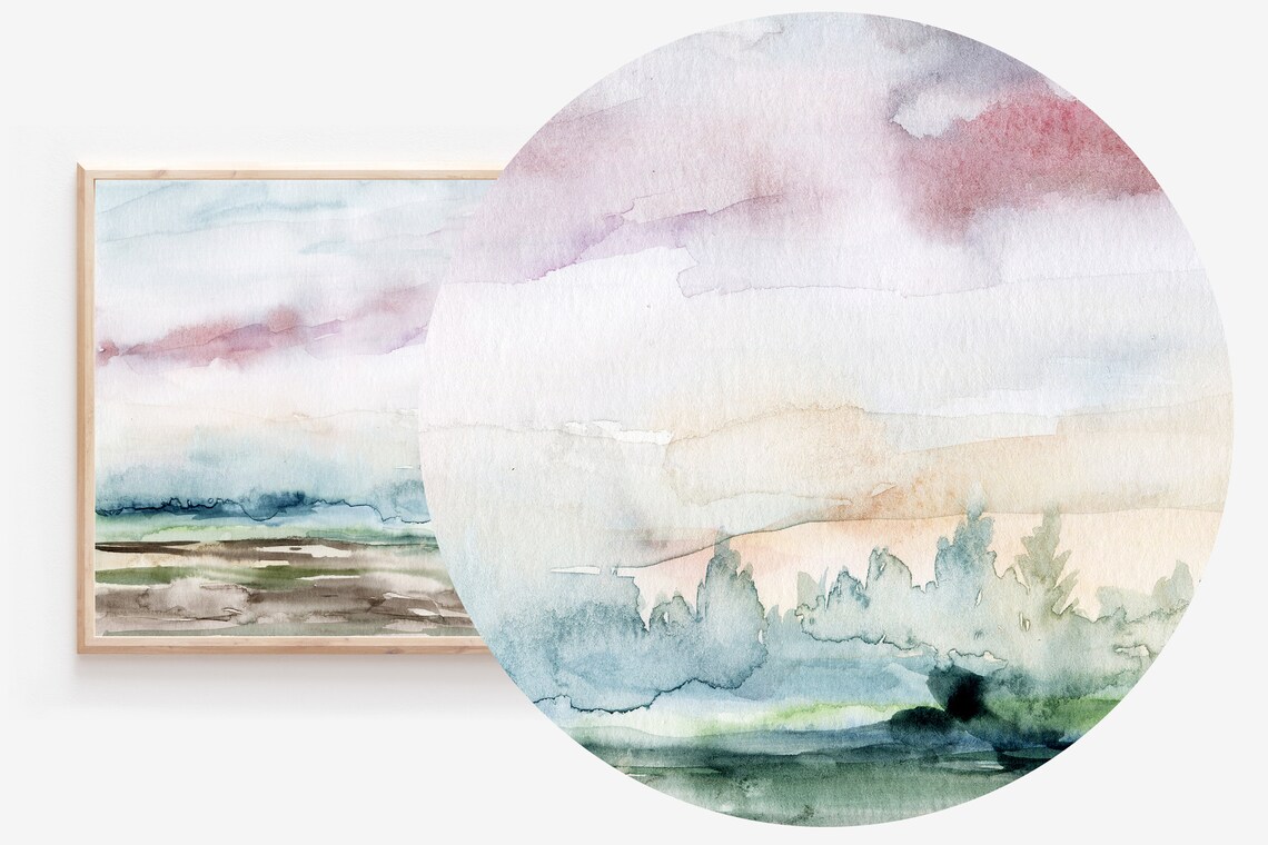 Dreamy Pastel Watercolor Landscape Pink Clouds Meadow Art Print - Image 2