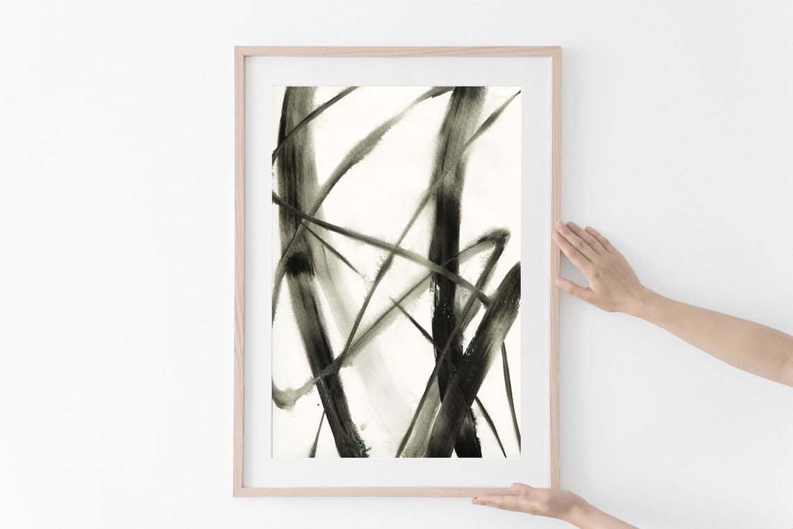 Black and White Bamboo Brushstroke Abstract Ink Style Art Print