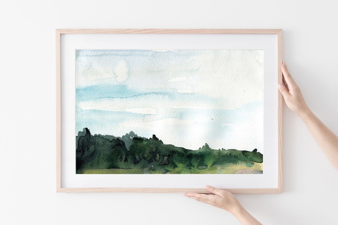 Green Forest Horizon Soft Blue Sky Watercolor Nature Art Poster