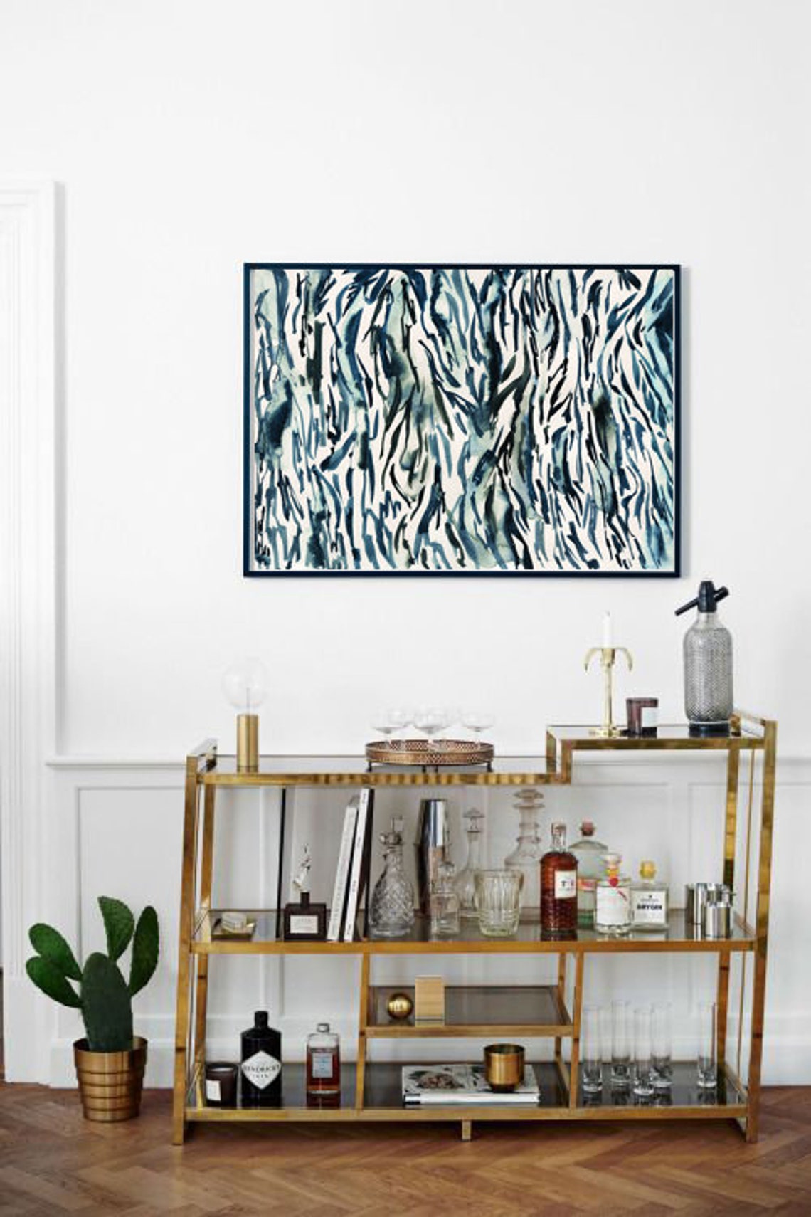 Abstract Blue Ink Botanical Strokes Modern Minimalist Wall Art - Image 2