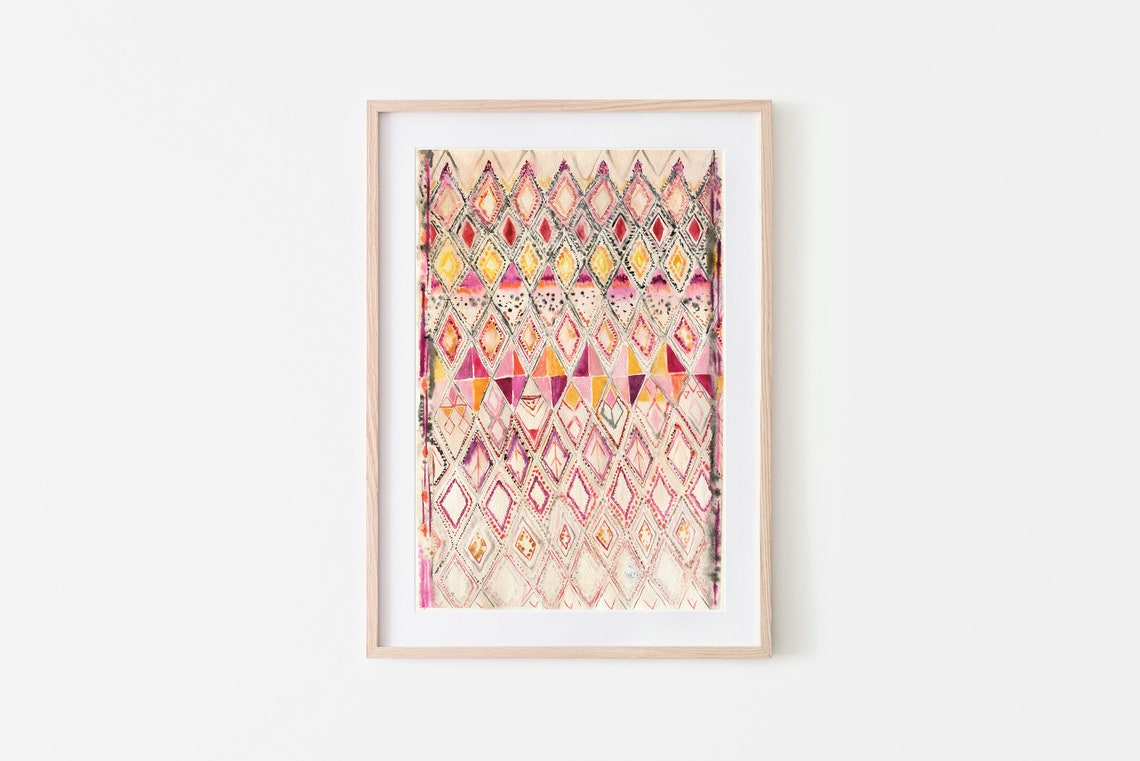 Pink Moroccan Rug Diamond Lattice Pattern Watercolor Wall Art