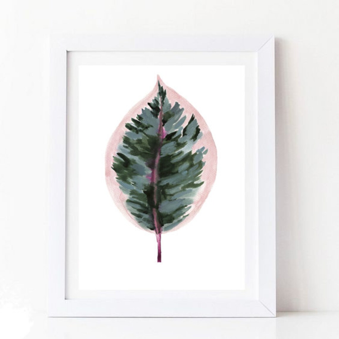 Green Watercolor Leaf with Blush Pink Halo Botanical Art Poster